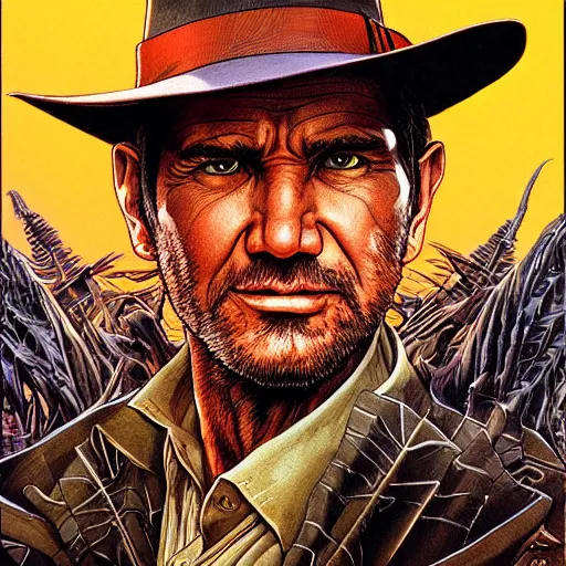 Image similar to portrait closeup of crazy indiana jones, symmetrical, by yoichi hatakenaka, masamune shirow, josan gonzales and dan mumford, ayami kojima, takato yamamoto, barclay shaw, karol bak, yukito kishiro