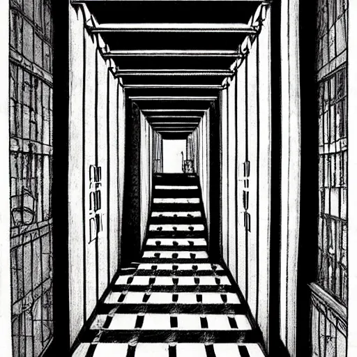 Prompt: a terrifying dark hallway with many doors and many stairs, impending doom, Mc Escher architecture, epic composition, by Junji Ito