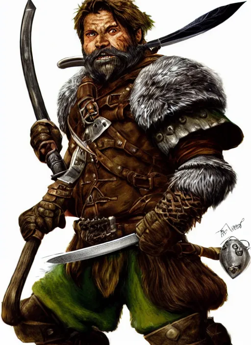 Image similar to strong young man, photorealistic bugbear ranger holding a flaming sword, black beard, dungeons and dragons, pathfinder, roleplaying game art, hunters gear, jeweled ornate leather and steel armour, concept art, character design on white background, by alan lee, norman rockwell, makoto shinkai, kim jung giu, poster art, colours red and green