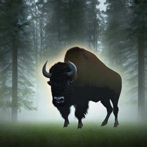 Prompt: a colossal bison in the clearing of a foreboding, misty forest. silhouette. atmospheric volumetric fog. digital matte painting.