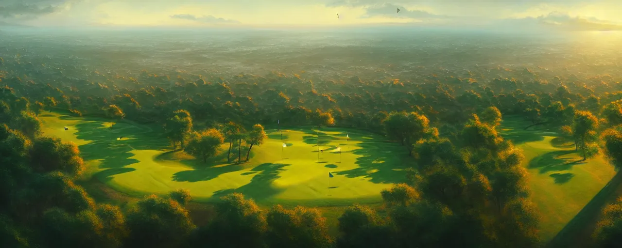 Image similar to Concept art, beautiful painting of a small golf course in the midst of huge mega city nearby the sea, 8k, Jeremy Cheung, greg rutkowski, artstation, aerial view, wide angle, 18mm, cinematic shot, golden hour, ArtStation