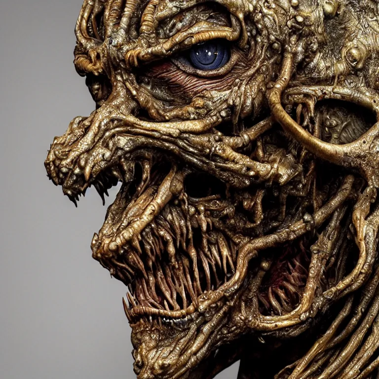 Image similar to photo taken of an epic intricate, ultra detailed, super realistic gritty, wet, lifelike sculpture of a nightmarish hellish alien ghoulish creature created by weta workshop, zoomed in shots, subsurface scattering, photorealistic, sharp focus, white wall coloured workshop, cold colour temperture, f 0. 4, face centred, golden ratio, golden hour