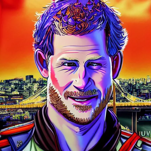 Prompt: 5 5 mm giant prince harry attacks tokyo illustration in technicolor by artgerm