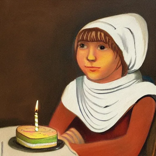 Prompt: a girl with a white headkerchief sitting alone on a birthday table looking sad high detailed painting