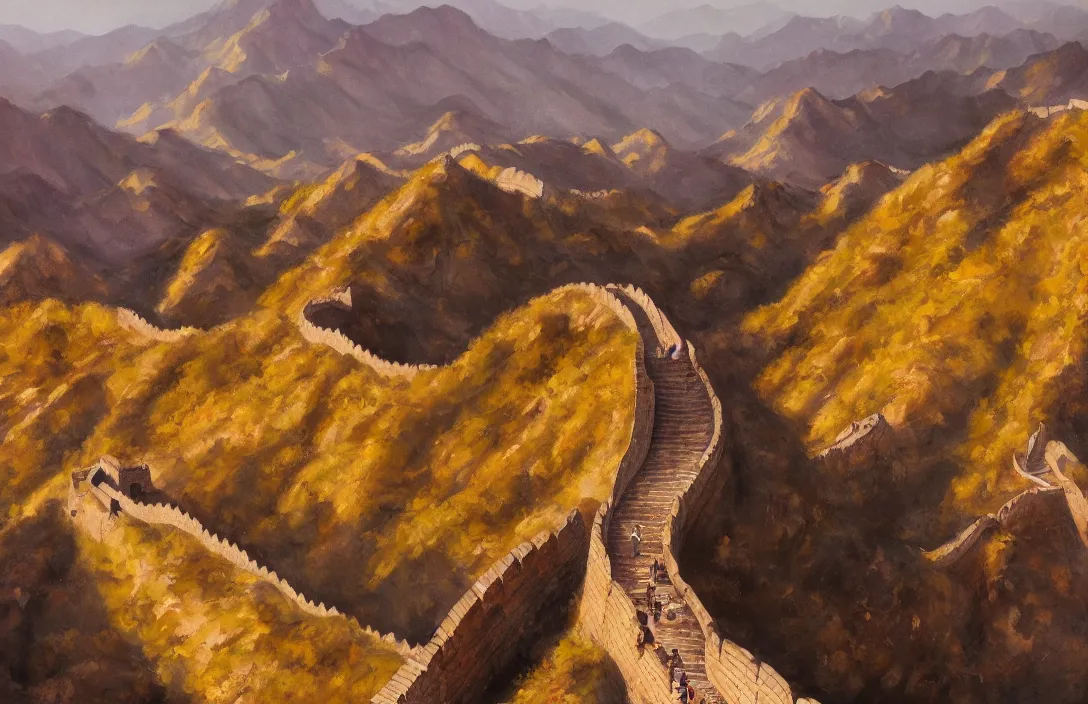 Image similar to a realistic detail portrait of a valley, the great wall, chinese, ink painting by julian calle, greg rutkowski, finnian macmanus, syd mead trending on artstation, red and yellow scheme, 8 k, wide - angle lens