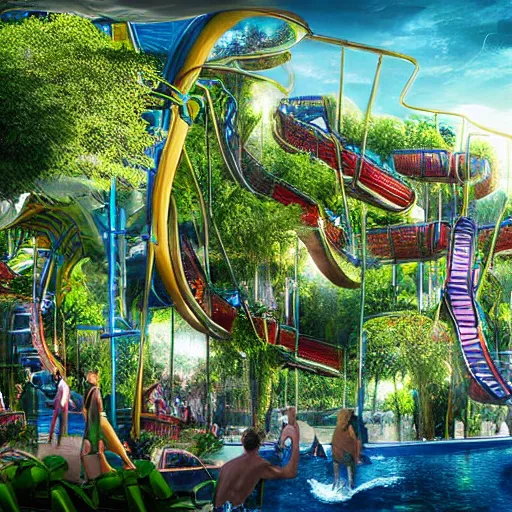 Prompt: hanging gardens of babylon waterpark with water slides, digital art, epic composition, highly detailed, cinematic lighting