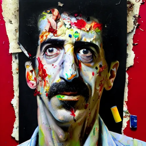 Prompt: hyperrealistic, photorealistic, mixed media oil painting of frank zappa, magazine scraps, plaster, blood, oil, mustard, cigarettes, splatter, trending on artstation, award - winning painting, greg rutkowski, basquiat, david lynch, ralph steadman, terry gilliam