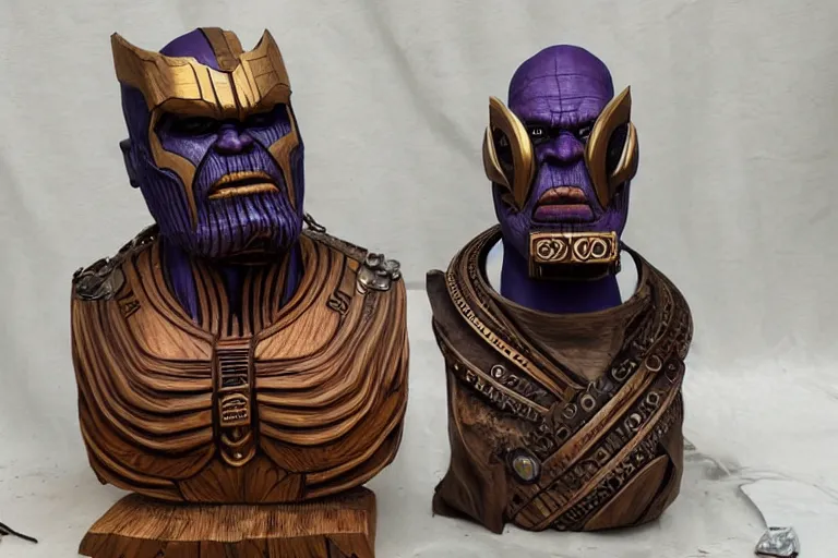 Prompt: steampunk thanos, professional woodcarving, sculpture, art exhibition
