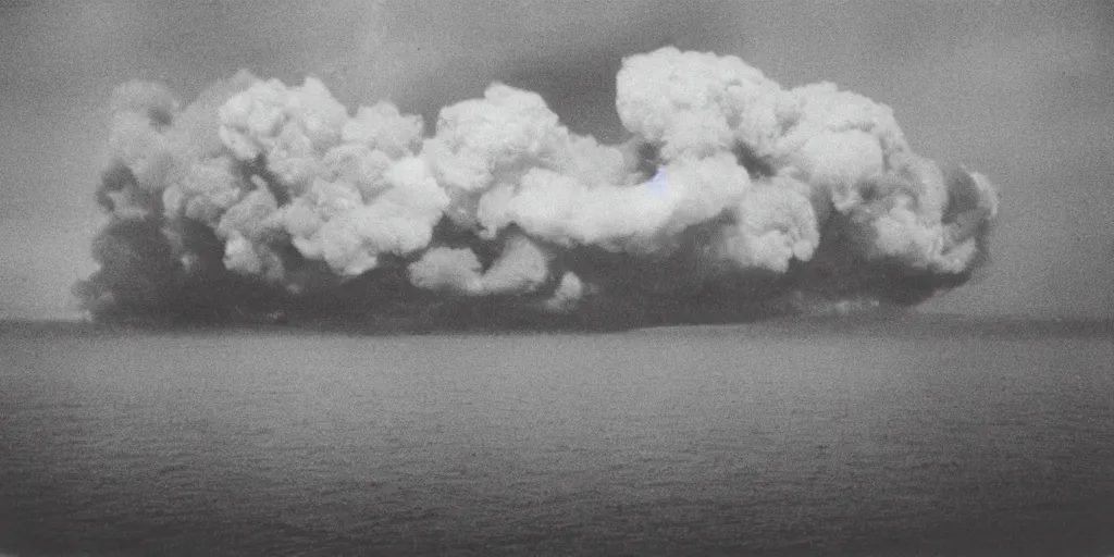 Prompt: vintage analog photograph of a beautiful nuclear fusion explosion over the ocean, large smoke clouds, depth of field, glair, heavy film grain, red color bleed, rich azure tones