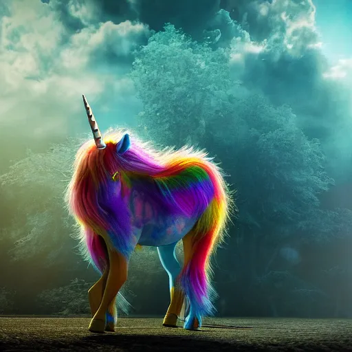 Image similar to full body pose, hyperrealistic photograph of a cute fuzzy rainbow unicorn, dim volumetric lighting, 8 k, octane beautifully detailed render, extremely hyper detailed, intricate, epic composition, cinematic lighting, masterpiece, trending on artstation, very very detailed, stunning, hdr, smooth, sharp focus, high resolution, award, winning photo, dslr, 5 0 mm