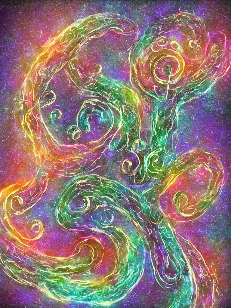 Image similar to a digital painting of an acorn that turns into a tree in the shape of a treble clef with some light effects, dynamic and energetic