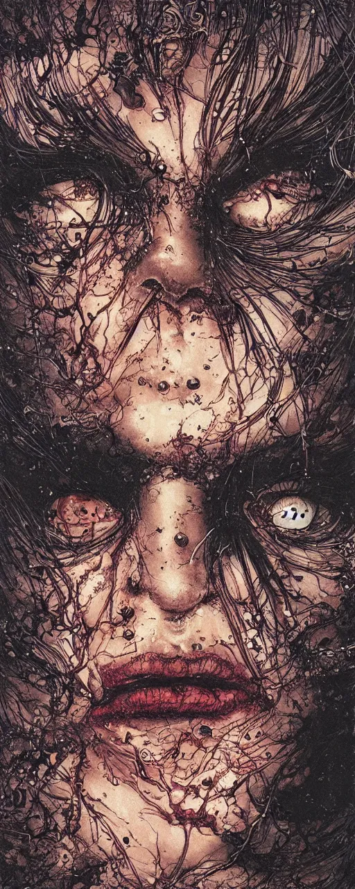 Image similar to closeup of face melting in agony, inside dark oil, frontal picture, by yoichi hatakenaka, masamune shirow, josan gonzales and dan mumford, ayami kojima, takato yamamoto, karol bak