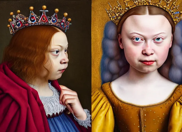 Image similar to closeup profile medieval jan van eyck portrait of greta thunberg as a fairytale princess wearing a crown eating cakes in the castle kitchen, nicoletta ceccoli, mark ryden, lostfish, max fleischer, hyper realistic, artstation, illustration, digital paint, matte paint, vivid colors, bright, cheerful, detailed and intricate environment