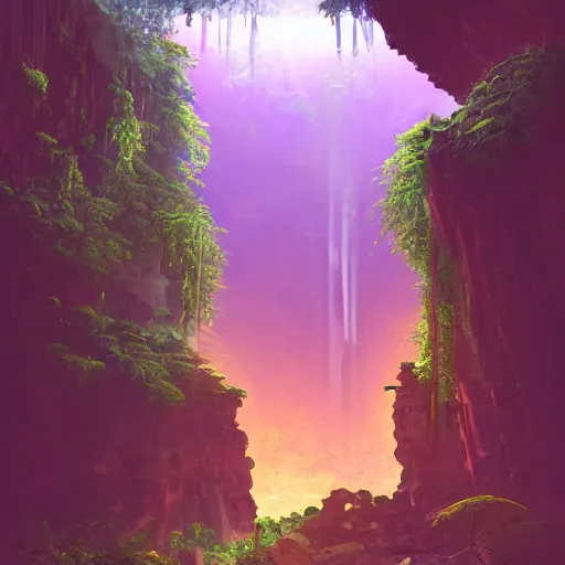 Image similar to ancient temple, plants and waterfalls in the interior of a cave,digital art, retrowave art,trending on art station