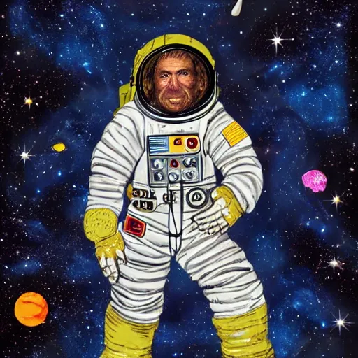 Prompt: neanderthal in a space suit floating in space, stars glittering in background