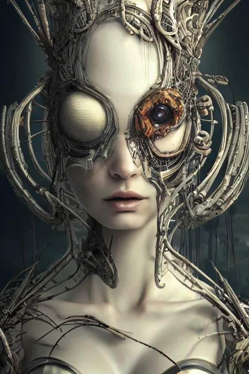 Prompt: ultra realist and ultra intricate detailed soft painting of an beautiful armored arachne female biomechanical body, symmetry features, sensual gloomy style, volumetric clouds, cyberpunk background, artstation, unreal render, depth of field