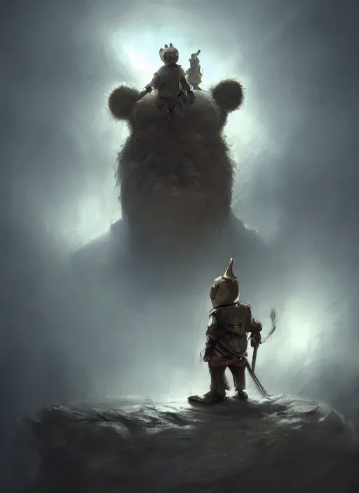 Image similar to a teddy bear dressed as a knight stands on a bed to scar away a nightmare that looms over a sleeping child, portrait, dramatic lighting, cinematic, establishing shot, extremly high detail, photo realistic, foto realistic, cinematic lighting, post processed, concept art, artstation, matte painting, style by eddie mendoza, raphael lacoste, alex ross