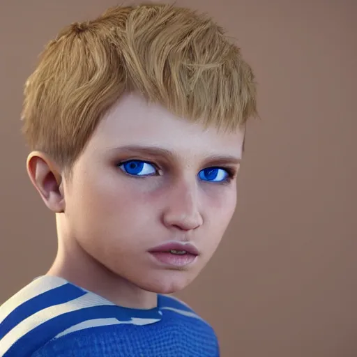 Image similar to a detailed portrait of boy with blonde hair and blue eyes, unreal engine 5 rendered, incredibly highly detailed and realistic, 8 k, sharp focus, studio quality