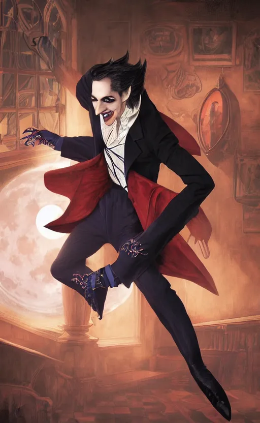 Prompt: attractive male dracula the vampire roller skating in a roller rink as a full moon shines through a window. highly detailed, full body portrait, intricate, hyper - realism, fantasy art style, detailed face, hyperrealistic, by craig mullins, j. c. leyendecker 8 k