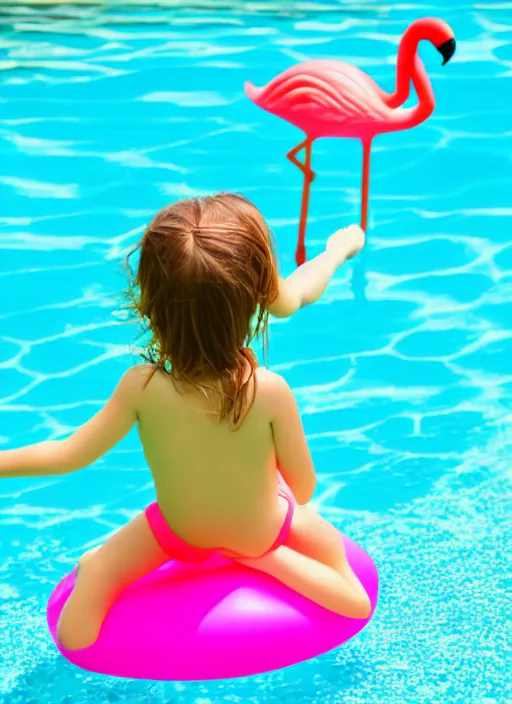 Prompt: color sketch of a young girl in a swimming pool, with an inflatable flamingo floating nearby, professional