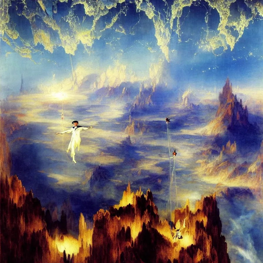 Prompt: a tightrope walker free falling down infinite clouds and mirror buildings below. painted by thomas moran. blue and indigo color scheme.