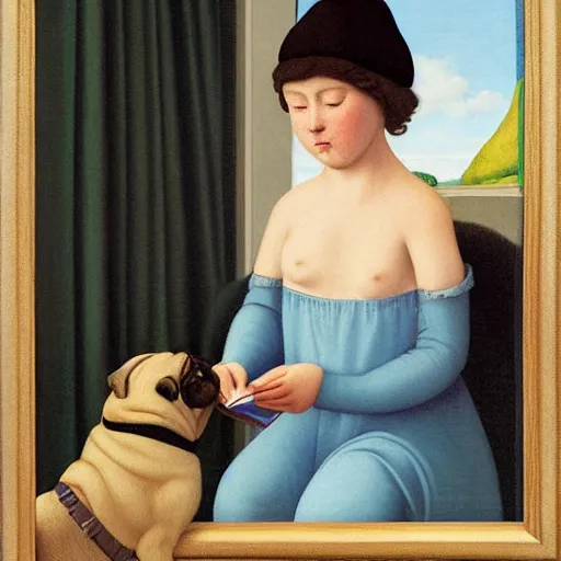 Image similar to a girl and her pug reading a book by Raphael, Hopper, and Rene Magritte. detailed, romantic, enchanting, trending on artstation.