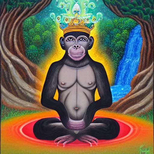 Image similar to an anthromorphic monkey man wearing a crown meditating in a zen garden with a waterfall, by amanda clark and amanda sage in a psychedelic style, oil on canvas