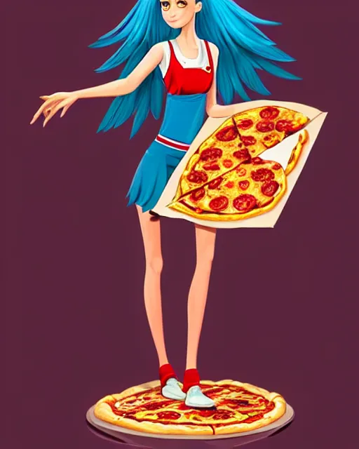 Prompt: female harpy as a pizza delivery woman, bird human hybrid with feathery bird arms and talon bird feet, holding a cardboard pizza box, wearing a pizza delivery uniform. feathers for hair, cute, dynamic character design, stunning, highly detailed digital painting, artstation, stylized urban fantasy artwork, by artgerm and paul robertson