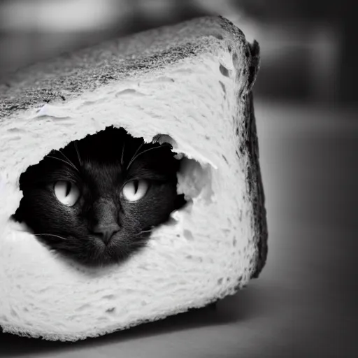 Prompt: close-up photograph of black and white cat inside sandwich, 4k footage