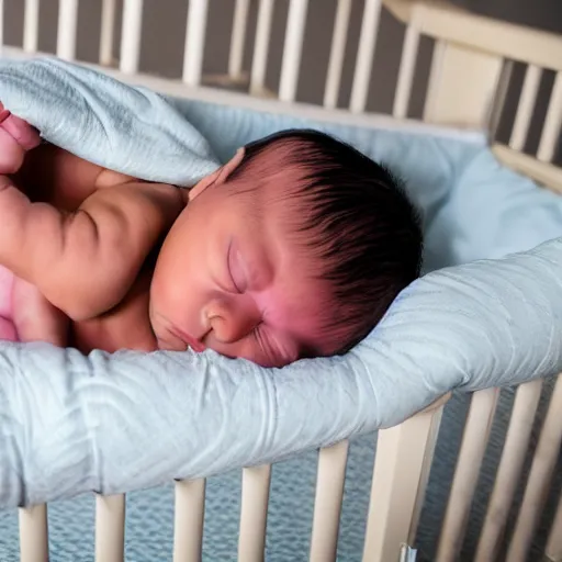 Prompt: huge muscles bodybuilder baby sleeping in a crib, newborn picture, barrel chested, rippling muscles, huge veins, bulging muscles, ripped, award winning photography, high detail