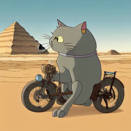 Prompt: a study of cell shaded cartoon of a mechanized grey cat from howl's moving castle ( 2 0 0 4 ), in front of pyramids on a desert road, full body, wide shot, very muted colors, post grunge, studio ghibli, laurie greasley, highly detailed, deviantart, art by artgem