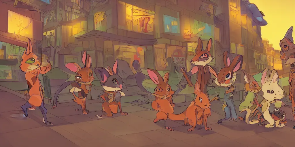 Image similar to mutant pet shop squad. zootopia anime furry. rabbit, puppy, hamster. iguana. rat ninjas on the urban neogeorgian rooftops at night. low angle. artstation, by tim jacobus.