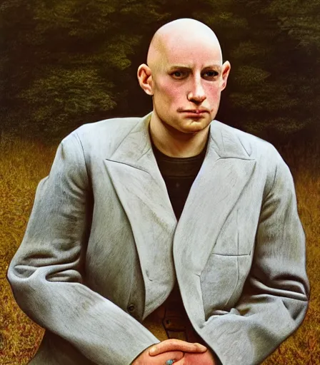 Prompt: a high quality, high detail, portrait photography of an attractive non - binary bald person by andrew wyeth