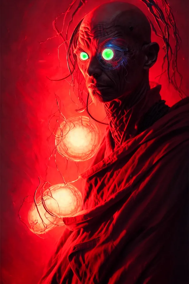 Prompt: a striking portrait of a pitch black eldritch shaman with sinister red eyes by moebius and ross tran and artgerm, trending on artstation, digital art, 4 k resolution, detailed, high quality, sharp focus, hq artwork, insane detail, volumetric lighting, character concept art, fine details, central clear subject