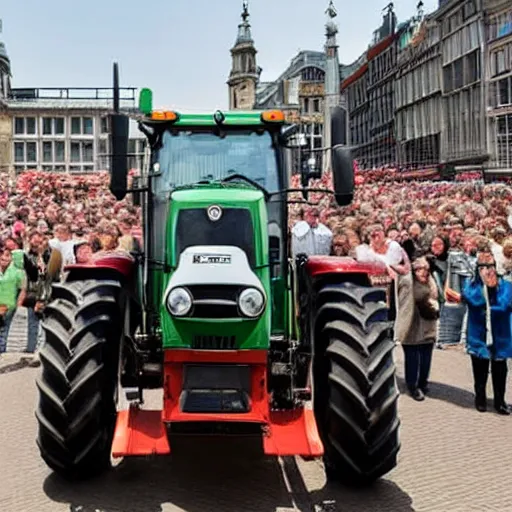 Prompt: mark rutte driving a tractor, as farmer, on dam square