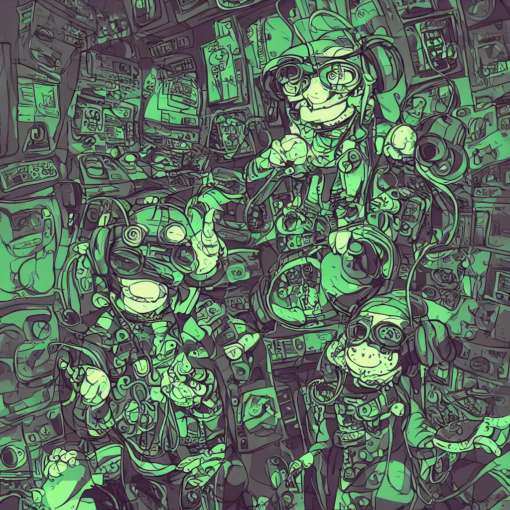 Image similar to a toad wearing headphones, ryuta ueda artwork, breakcore, style of jet set radio, y 2 k, gloom, space, cel - shaded art style, sacred geometry, data, minimal, code, cybernetic, dark, eerie, cyber