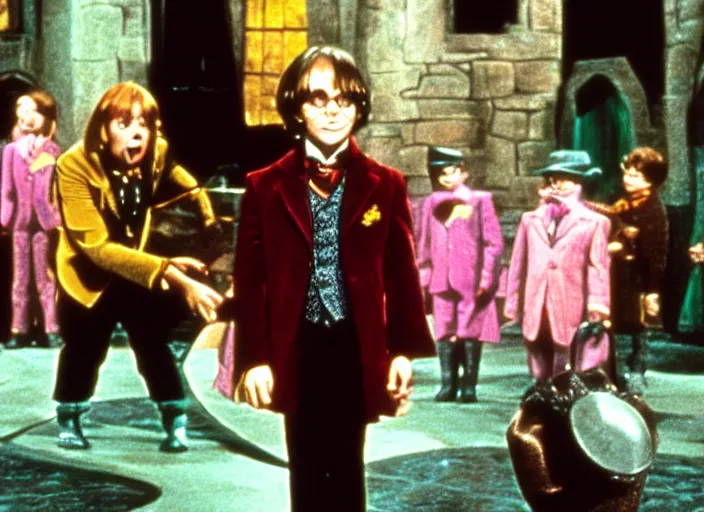 Image similar to film still of Harry potter in Willy Wonka's and the Chocolate Factory 1971