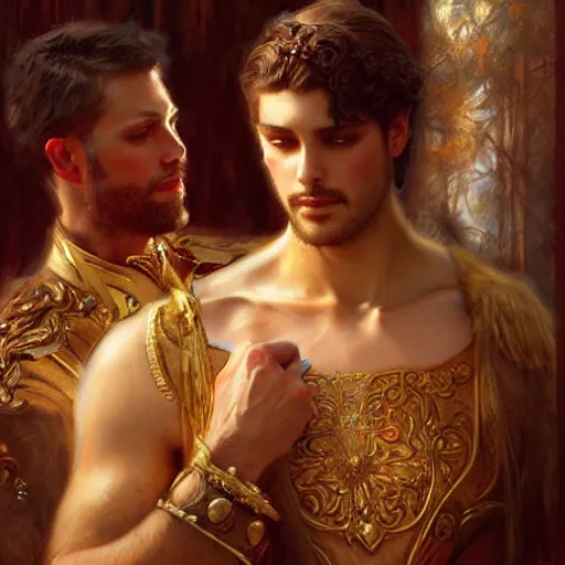 Image similar to attractive fully clothed king confesses his love for his attractive fully clothed male prince. highly detailed painting by gaston bussiere, tom bagshaw, craig mullins