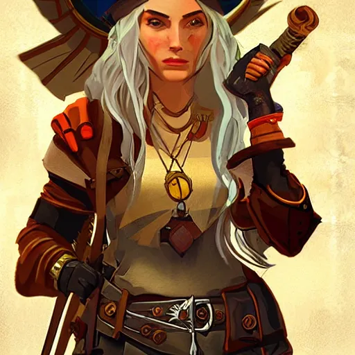 Prompt: treasure huntress in the style of Anton Nazarenko, Digital 2D, Concept Art, Illustration, Board & Card Game Art, Illustration, Witcher, Gwent. environment, concept, pirate, island, dog, card, compass