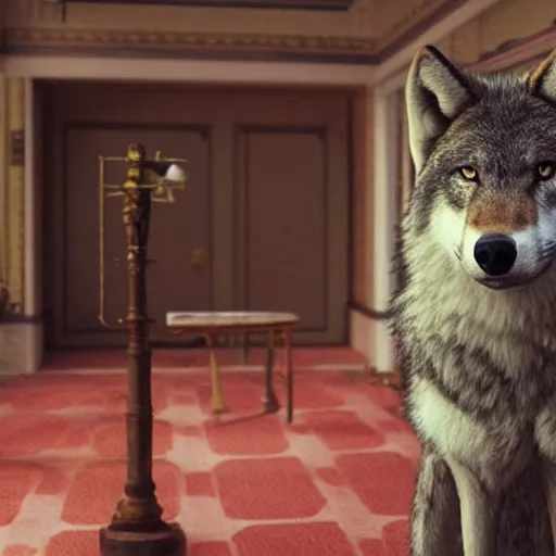 Prompt: a stern anthro wolf in Wes Anderson's movie, movie wallpaper, studio lighting