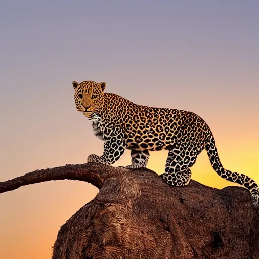 Image similar to “ leopard sitting on a palm tree, sunset in background ”