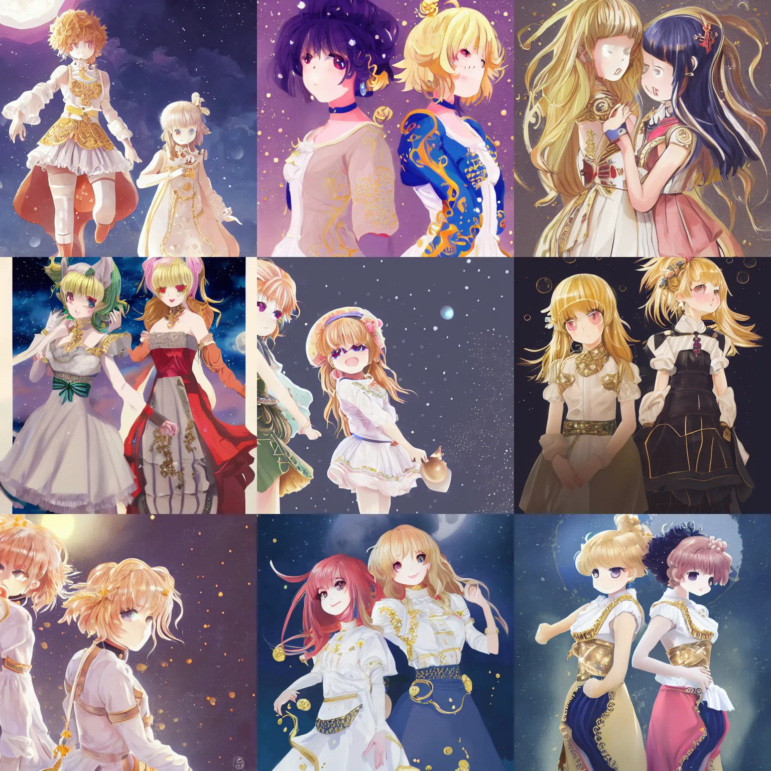 Prompt: A full body portrait of two girls with golden short hair as Genshin Impact, face to face, white wearing, ornate frilly dress, full moon raining night, digital painting, concept art, highly detailed, sharp focus, art by Kyoto Animation, anime illustration, trending on Pixiv.