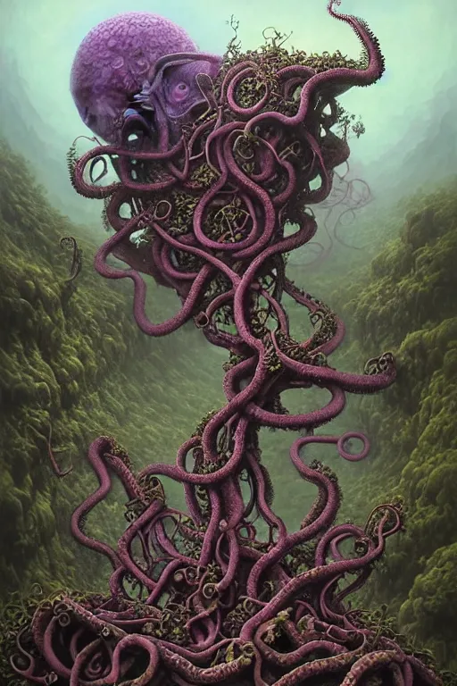 Image similar to On a domed structure made of tentacled rock vines, there is an orc fused and blended with the vines, a purple crystal pulsing in his chest, orc on vines, orc fused with vines, orc merged with vines, Peter Mohrbacher, Beksiński and Jeff Easley, artwork by Peter Mohrbacher, Zdzisław Beksiński and Jeff Easley