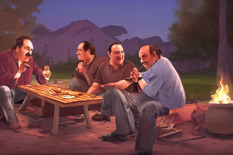 Prompt: Tony Soprano and Lalo Salamanca chat and barbecue in the evening in the backyard, highly detailed, cinematic concept art, dramatic lighting