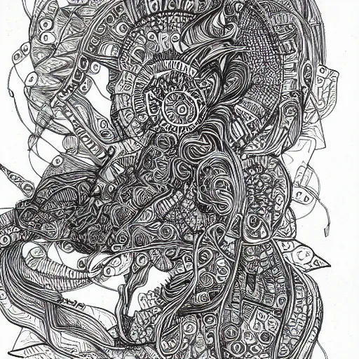 Prompt: escapism, detailed intricate sketch, 4k, illustration, cross hatched, black ink on white paper