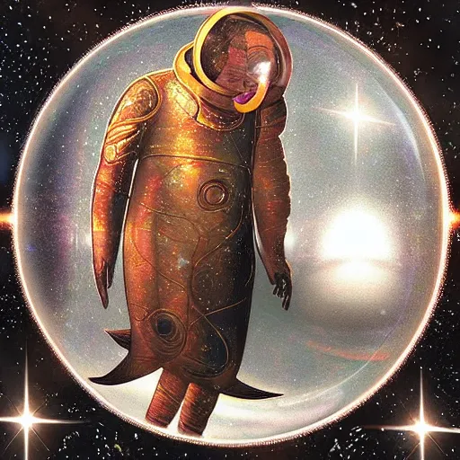 Image similar to ”ancient astronaut in a bubble floating into a mysterious vortex in a strange galaxy, [epic, aweinspiring, otherwordly, detailed, realistic]”