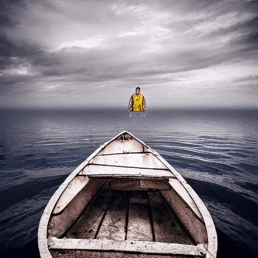 Prompt: realistic photo of a man standing in a small boat on endless broken mirrors by albert dros