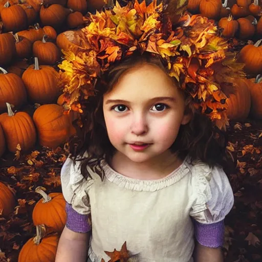 Prompt: a cute little girl with light brown wavy curly hair and blue eyes sitting amidst piles of pumpkins. beautiful cute highly detailed face. she is wearing a crown of autumn leaves. autumn and fall and halloween themed painting by artgerm and greg rutkowski and raymond swanland.