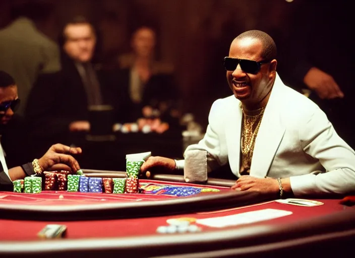 Image similar to film still of Stevie Wonder playing Poker in the new CASINO ROYAL movie, 8k