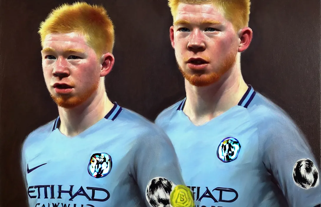 Image similar to portrait of kevin de bruyne manchester city!!!!!!!!!!!!!!!!!!!!!!!!!!!, detailed face, detailed painting, epic lighting, by ilya repin, phil hale and kent williams